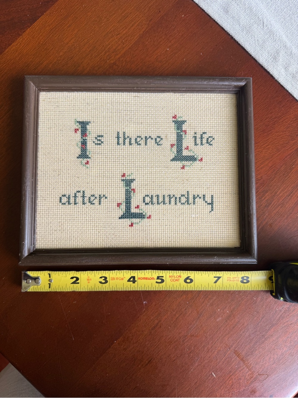 Vintage Framed Cross-Stitch “Is there Life after Laundry” - Green & Red on Cream